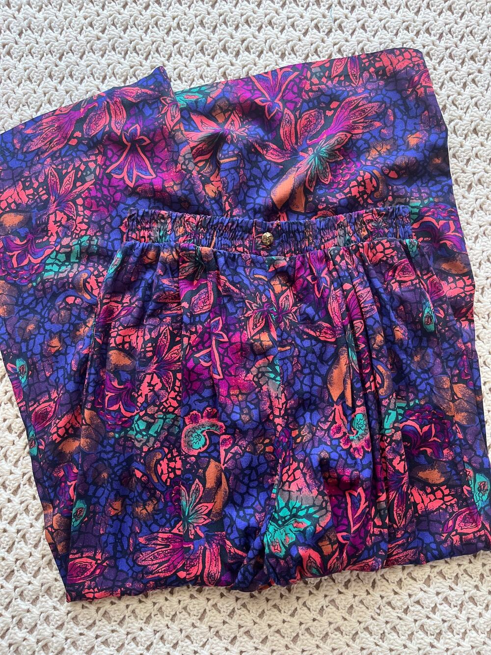 Vintage 70s Wide Leg Pants Rayon Floral Bohemian Art to Wear Size Small